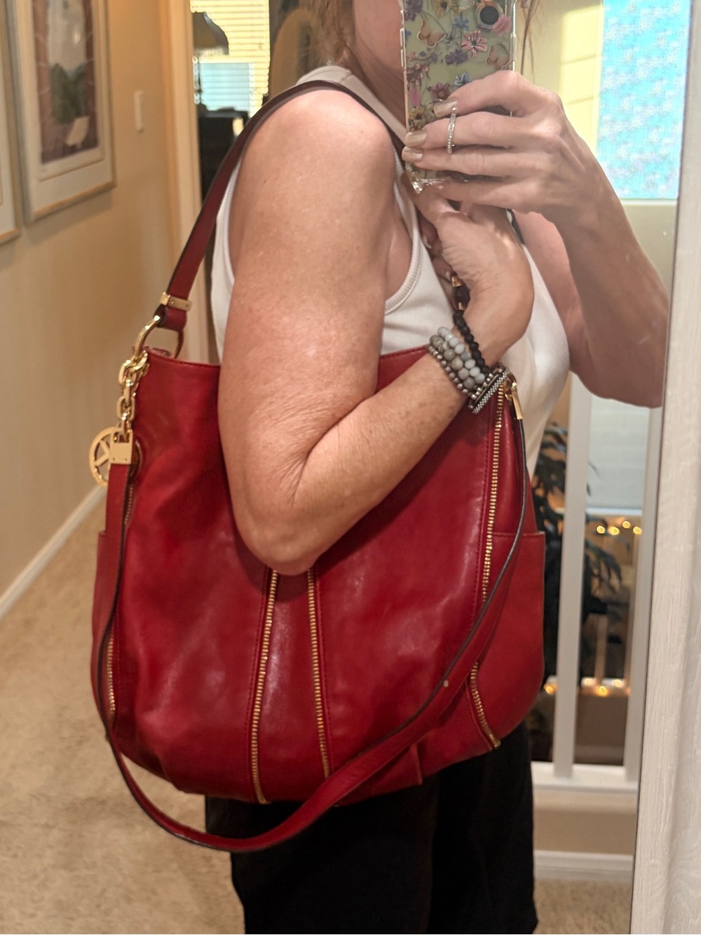 Michael Kors Large Hobo Red Leather Shoulder Crossbody Bag Purse EUC